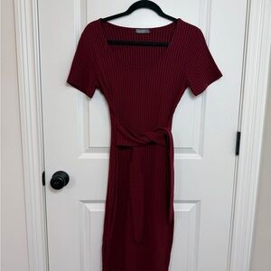 Ribbed Scoop-Neck Belted Midi Dress in Burgundy